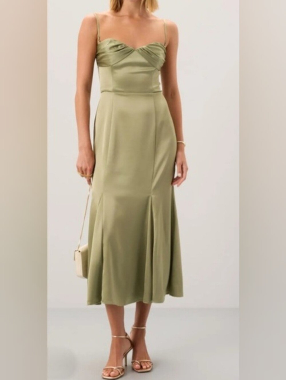 Reformation Hensley Elegant Green Satin Midi Dress